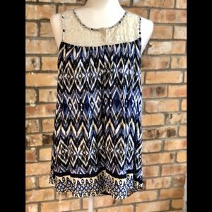 Mystree blue and off-white pattern sleeveless top